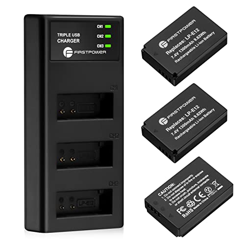 FirstPower LP-E12 Battery 3-Pack and Triple Slot Charger for Canon EOS M50, M50 Mark II, M, M2, M10, M100, M200, Rebel SL1, PowerShot SX70 HS Digital Cameras