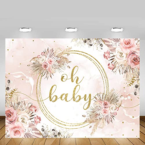 MEHOFOND 7x5ft Oh Baby Backdrop for Girls Baby Shower Boho Pampas Blush Pink Floral Background Newborn Portrait Gold Glitter Sequins Dots Leaves Decorations Newborn Studio Photo Props