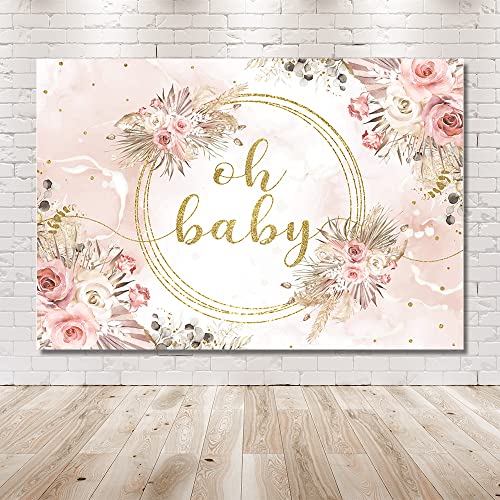 MEHOFOND 7x5ft Oh Baby Backdrop for Girls Baby Shower Boho Pampas Blush Pink Floral Background Newborn Portrait Gold Glitter Sequins Dots Leaves Decorations Newborn Studio Photo Props