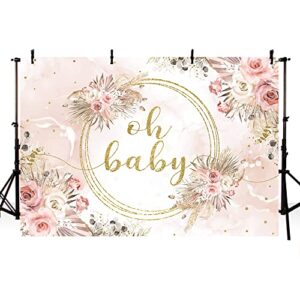 MEHOFOND 7x5ft Oh Baby Backdrop for Girls Baby Shower Boho Pampas Blush Pink Floral Background Newborn Portrait Gold Glitter Sequins Dots Leaves Decorations Newborn Studio Photo Props