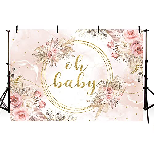 MEHOFOND 7x5ft Oh Baby Backdrop for Girls Baby Shower Boho Pampas Blush Pink Floral Background Newborn Portrait Gold Glitter Sequins Dots Leaves Decorations Newborn Studio Photo Props