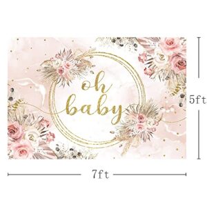 MEHOFOND 7x5ft Oh Baby Backdrop for Girls Baby Shower Boho Pampas Blush Pink Floral Background Newborn Portrait Gold Glitter Sequins Dots Leaves Decorations Newborn Studio Photo Props