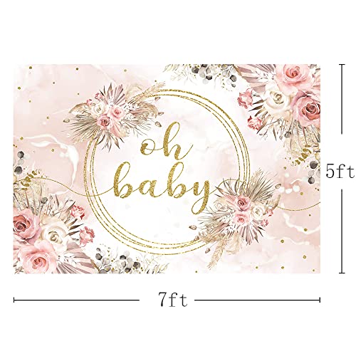 MEHOFOND 7x5ft Oh Baby Backdrop for Girls Baby Shower Boho Pampas Blush Pink Floral Background Newborn Portrait Gold Glitter Sequins Dots Leaves Decorations Newborn Studio Photo Props