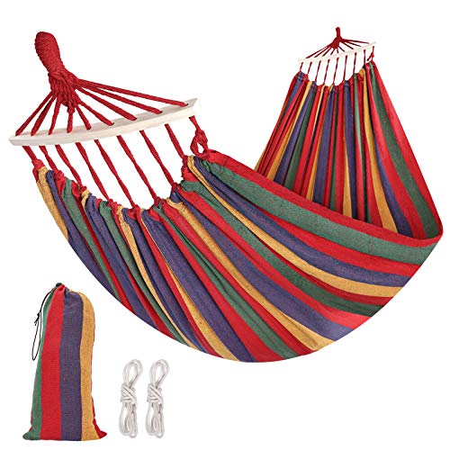 WBHome Brazilian Hammock with Hanging Kits, Tree Hammock for Indoor Outdoor Patio Porch Garden Camping, Cotton Canvas Carrying Bag, Ropes and Carabiners Included (Rainbow Stripe)