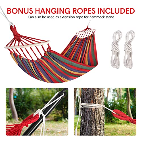 WBHome Brazilian Hammock with Hanging Kits, Tree Hammock for Indoor Outdoor Patio Porch Garden Camping, Cotton Canvas Carrying Bag, Ropes and Carabiners Included (Rainbow Stripe)