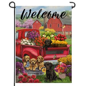 Artofy Welcome Spring Summer Red Truck Home Decorative Garden Flag, House Yard Dog Flower Pickup Outside Decor, Puppy Farmhouse Outdoor Small Burlap Decorations 12x18
