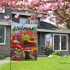 Artofy Welcome Spring Summer Red Truck Home Decorative Garden Flag, House Yard Dog Flower Pickup Outside Decor, Puppy Farmhouse Outdoor Small Burlap Decorations 12x18