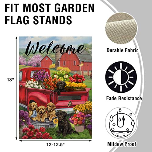 Artofy Welcome Spring Summer Red Truck Home Decorative Garden Flag, House Yard Dog Flower Pickup Outside Decor, Puppy Farmhouse Outdoor Small Burlap Decorations 12x18