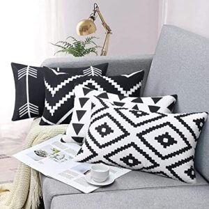 adabana set of 4 outdoor waterproof boho throw pillow covers 12×20 inches,black and white geometric lumbar pillow coves decorative cushion cases outdoor throw pillows for patio furniture garden