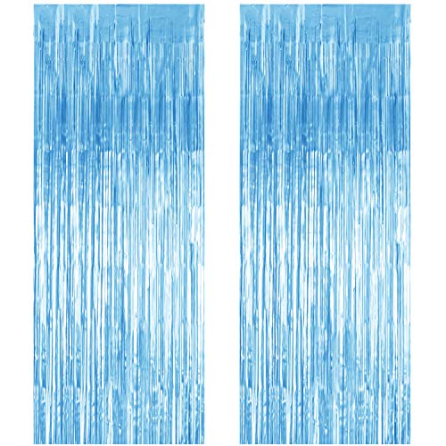 2 Pack 3.3 ft x 9.8 ft Foil Curtains Metallic Fringe Curtains Shimmer Curtain Photo Backdrop for Halloween Christmas Birthday Party Wedding Deco (Pale Blue)