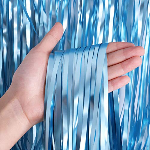 2 Pack 3.3 ft x 9.8 ft Foil Curtains Metallic Fringe Curtains Shimmer Curtain Photo Backdrop for Halloween Christmas Birthday Party Wedding Deco (Pale Blue)