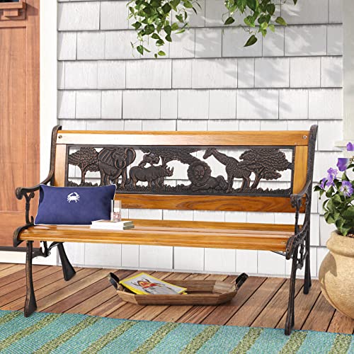 Metal Outdoor Bench Patio Bench Cast Iron Steel Frame Garden Bench Patio Furniture Chair Outdoor Wood Bench w/Animal Pattern Design Backrest, Wood Slatted Seat for Yard, Porch, Bronze