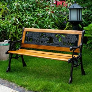 Metal Outdoor Bench Patio Bench Cast Iron Steel Frame Garden Bench Patio Furniture Chair Outdoor Wood Bench w/Animal Pattern Design Backrest, Wood Slatted Seat for Yard, Porch, Bronze