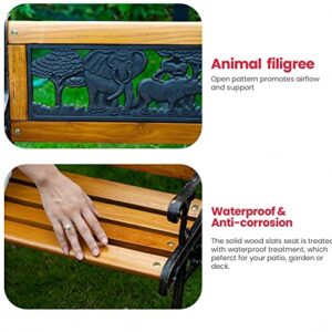 Metal Outdoor Bench Patio Bench Cast Iron Steel Frame Garden Bench Patio Furniture Chair Outdoor Wood Bench w/Animal Pattern Design Backrest, Wood Slatted Seat for Yard, Porch, Bronze