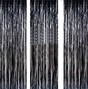carecheer 3 pack 3.2ft x 6.6ft black metallic foil fringe backdrop tinsel sparkle door window curtain backdrop for birthday bachelorette wedding christmas new year party decorations