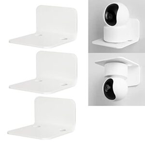 oaprire white floating wall shelves set of 3 for security cameras, baby monitors, speakers & more – universal acrylic small wall shelf with cable clips, 10-piece strong tapes, no drill
