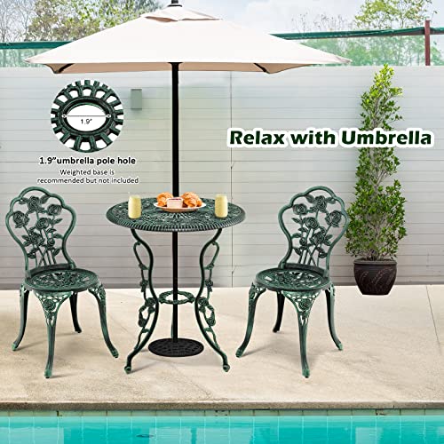 Giantex 3 Piece Bistro Set Cast Aluminum Rose Design Antique Outdoor Patio Furniture Weather Resistant Garden Round Table and Chairs w/Umbrella Hole (Rose Design)