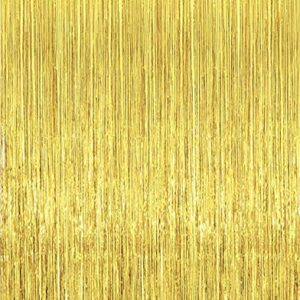 2 Pcs 3.2ft x 8.2ft Shiny Gold Metallic Tinsel Foil Fringe Curtains Photo Booth Backdrop for Birthday Wedding Holiday Celebration Bachelorette Party Decorations (Gold)