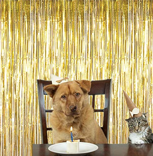 2 Pcs 3.2ft x 8.2ft Shiny Gold Metallic Tinsel Foil Fringe Curtains Photo Booth Backdrop for Birthday Wedding Holiday Celebration Bachelorette Party Decorations (Gold)