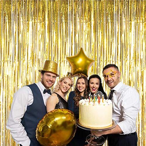 2 Pcs 3.2ft x 8.2ft Shiny Gold Metallic Tinsel Foil Fringe Curtains Photo Booth Backdrop for Birthday Wedding Holiday Celebration Bachelorette Party Decorations (Gold)