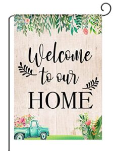 hhercicim spring welcome to our home flag garden flag 12.5×18 inch vertical double sided burlap hello spring welcome flower farmhouse rustic sweet home décor seasonal house flag holiday party outdoor décor