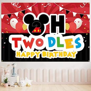 oh twodles backdrop banner red and black cartoon happy 2nd birthday theme party decorations cheer to two years old photography background supplies for boys girls