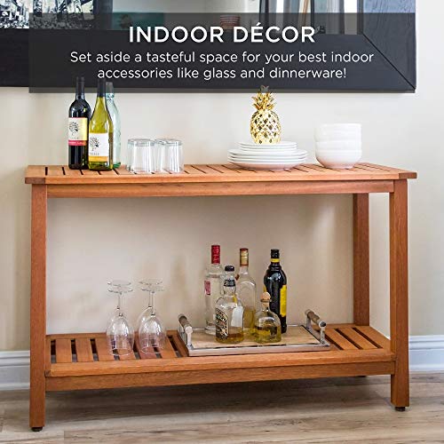 Best Choice Products 48in 2-Shelf Eucalyptus Wooden Console Table Indoor Outdoor Multifunctional Buffet Bar Storage Organizer w/Foot Sliders - Natural