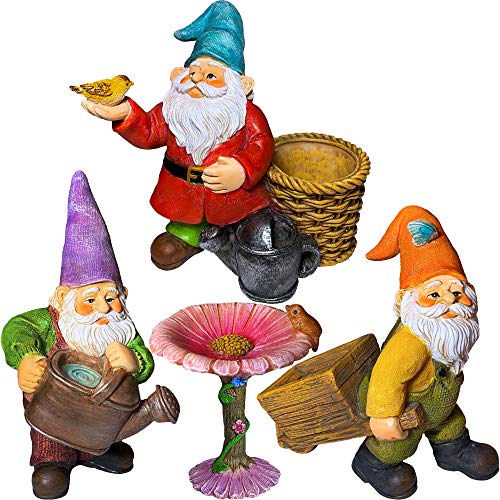 Mood Lab Miniature Gardening Gnomes Set of 4 pcs - 3,5" H Garden Gnome Figurines & Accessories Kit - Outdoor or House Decor