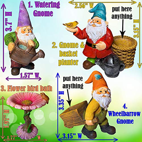 Mood Lab Miniature Gardening Gnomes Set of 4 pcs - 3,5" H Garden Gnome Figurines & Accessories Kit - Outdoor or House Decor