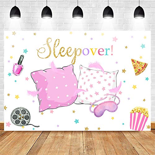 Mocsicka Sleepover Party Backdrop Sleepover Pajamas Pillow Fight Pink Girl Party Decorations Slumber Party Banner Photography Background Cake Table Studio Props (5x3ft)