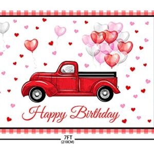 ABLIN 7x5ft Happy Birthday Backdrop for Women Red Car Heart Balloons Photography Background Birthday Party Decorations Vinyl Fabric Photo Shoot Props Cake Table Banner