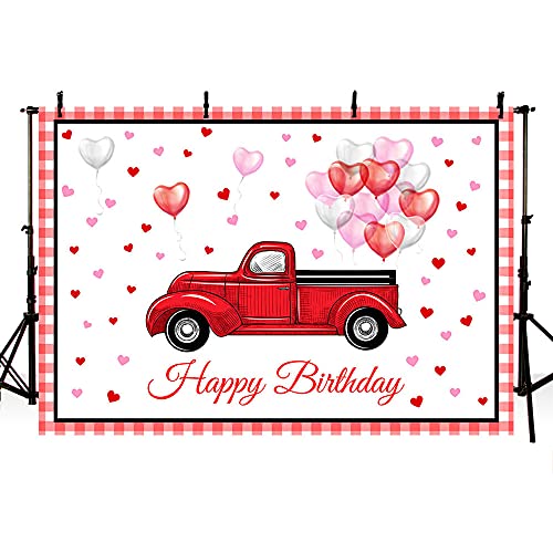 ABLIN 7x5ft Happy Birthday Backdrop for Women Red Car Heart Balloons Photography Background Birthday Party Decorations Vinyl Fabric Photo Shoot Props Cake Table Banner