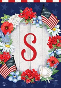 patriotic monogram letter s garden flag floral wreath briarwood lane 18″ x 12.5″