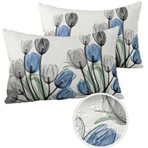 Vandarllin Outdoor Throw Pillows Covers 12X20 Set of 2 Waterproof Gray Blue Tulip Decorative Zippered Lumbar Cushion Covers for Patio Furniture, Spring Summer Flowers Floral