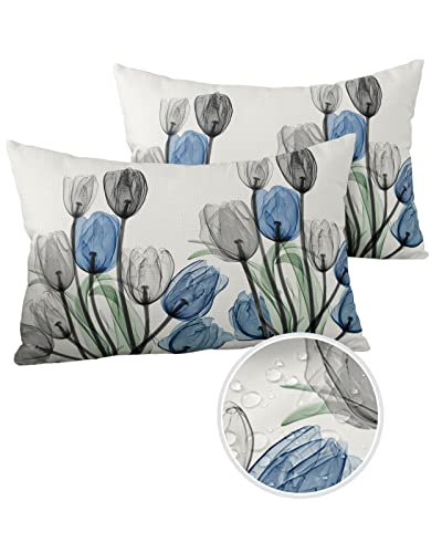 Vandarllin Outdoor Throw Pillows Covers 12X20 Set of 2 Waterproof Gray Blue Tulip Decorative Zippered Lumbar Cushion Covers for Patio Furniture, Spring Summer Flowers Floral