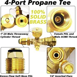 GardenNow Upgraded Propane Brass 4 Port Tee Kit Propane Brass Tee Adapter Kit with 5FT and 12FT Stainless Braided Hoses Allow for Connection Between Auxiliary Propane Cylinder and Propane Appliances