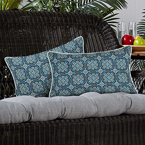 MAGPIE FABRICS Pack of 2 Outdoor Indoor Lumbar Pillow Covers 12"x20", Waterproof Rectangular Decorative Throw Pillowcase Shell Cushion Sham for Patio Garden Balcony Tent Couch - Morgan Medal Blue