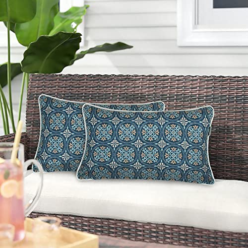 MAGPIE FABRICS Pack of 2 Outdoor Indoor Lumbar Pillow Covers 12"x20", Waterproof Rectangular Decorative Throw Pillowcase Shell Cushion Sham for Patio Garden Balcony Tent Couch - Morgan Medal Blue