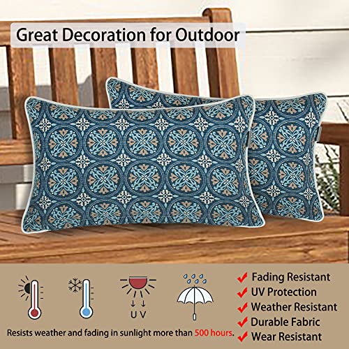 MAGPIE FABRICS Pack of 2 Outdoor Indoor Lumbar Pillow Covers 12"x20", Waterproof Rectangular Decorative Throw Pillowcase Shell Cushion Sham for Patio Garden Balcony Tent Couch - Morgan Medal Blue