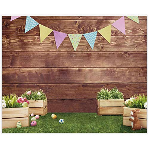 Allenjoy 10x8ft Fabric Spring Easter Backdrops for Girls Photography Wrinkle Free Happy Bunny Rabbit Green Grass Brown Wooden Wall Baby Shower Kids Newborn Portrait Background Photo Studio Shooting