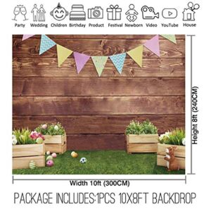 Allenjoy 10x8ft Fabric Spring Easter Backdrops for Girls Photography Wrinkle Free Happy Bunny Rabbit Green Grass Brown Wooden Wall Baby Shower Kids Newborn Portrait Background Photo Studio Shooting