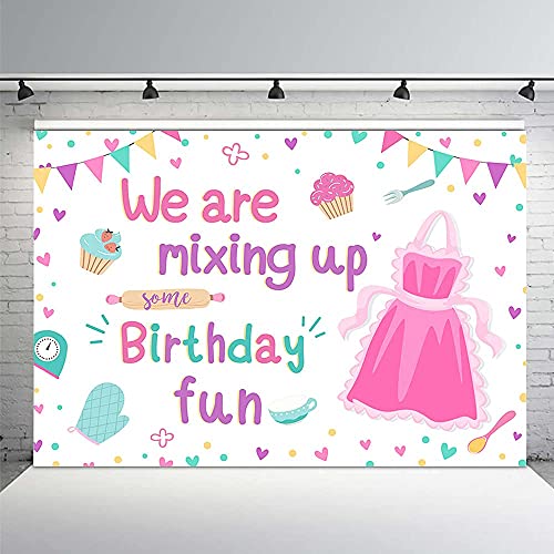 MEHOFOND 7x5ft Baking Cooking Girl Birthday Backdrop We are Mixing Up Some Birthday Fun Pink Cake Kitchen Party Table Banner Decor Photography Props Background Photocall Supplies