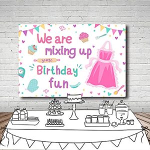 MEHOFOND 7x5ft Baking Cooking Girl Birthday Backdrop We are Mixing Up Some Birthday Fun Pink Cake Kitchen Party Table Banner Decor Photography Props Background Photocall Supplies