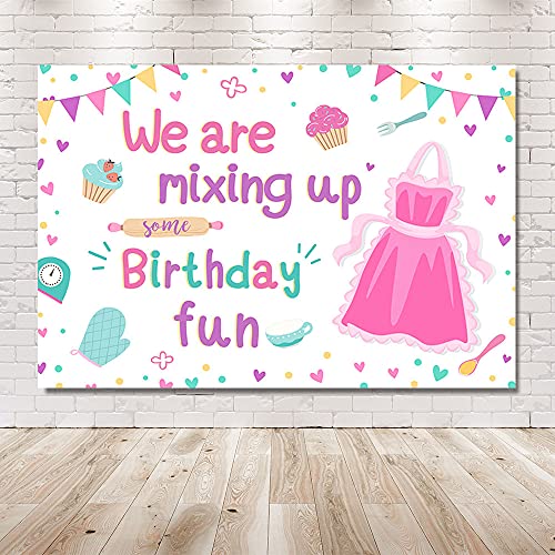 MEHOFOND 7x5ft Baking Cooking Girl Birthday Backdrop We are Mixing Up Some Birthday Fun Pink Cake Kitchen Party Table Banner Decor Photography Props Background Photocall Supplies