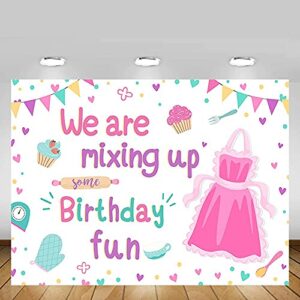 MEHOFOND 7x5ft Baking Cooking Girl Birthday Backdrop We are Mixing Up Some Birthday Fun Pink Cake Kitchen Party Table Banner Decor Photography Props Background Photocall Supplies