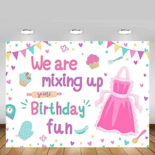 MEHOFOND 7x5ft Baking Cooking Girl Birthday Backdrop We are Mixing Up Some Birthday Fun Pink Cake Kitchen Party Table Banner Decor Photography Props Background Photocall Supplies