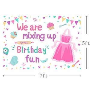 MEHOFOND 7x5ft Baking Cooking Girl Birthday Backdrop We are Mixing Up Some Birthday Fun Pink Cake Kitchen Party Table Banner Decor Photography Props Background Photocall Supplies