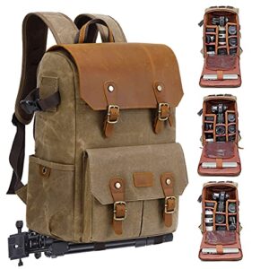 jaep camera backpack – weather resistant 16 ounces waxed memory canvas – dslr slr backpacks with 15.6” laptop sleeve compartment and tripod holder for photographers -vintage leather style (khaki)