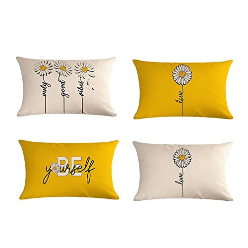 Willing Life Double Sided Yellow Lumbar Throw Pillow Covers 12x20 Decorative Daisy Floral Farmhouse Pillow Cases Outdoor Cushion Cover Set of 4 for Living Room Sofa Couch Home Garden Patio