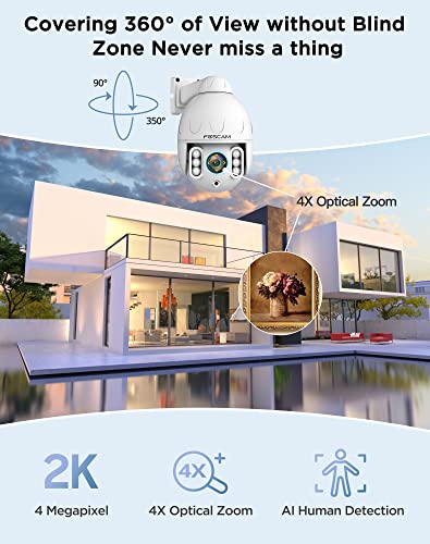 FOSCAM SD4 2k 4MP Outdoor Security Camera, 5G/2.4GHz WiFi PTZ IP Surveillance Camera with 4X Optical Zoom, Smart AI Human Detection, 2-Way Audio, 165ft Night Vision, CMOS Image Sensor, IP66